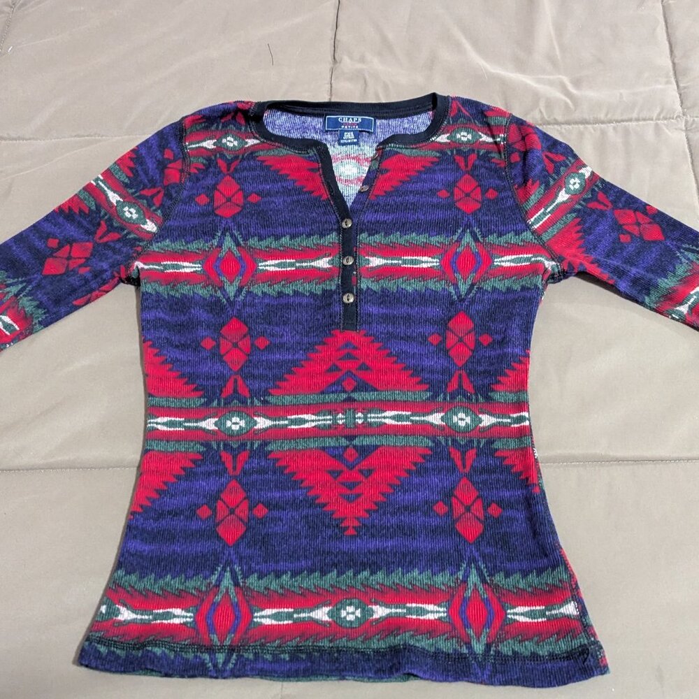 NWOT -Chaps Denim Tribal Print Henley Top, size PXS, Long sleeves